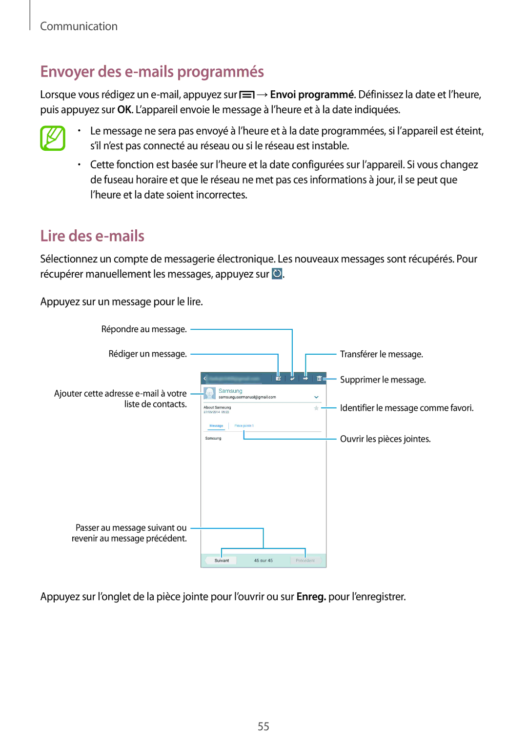 Samsung SM-T3150MKABOG, SM-T3150ZWAXEF, SM-T3150MKAXEF, SM-T3150ZWABOG manual Envoyer des e-mails programmés, Lire des e-mails 