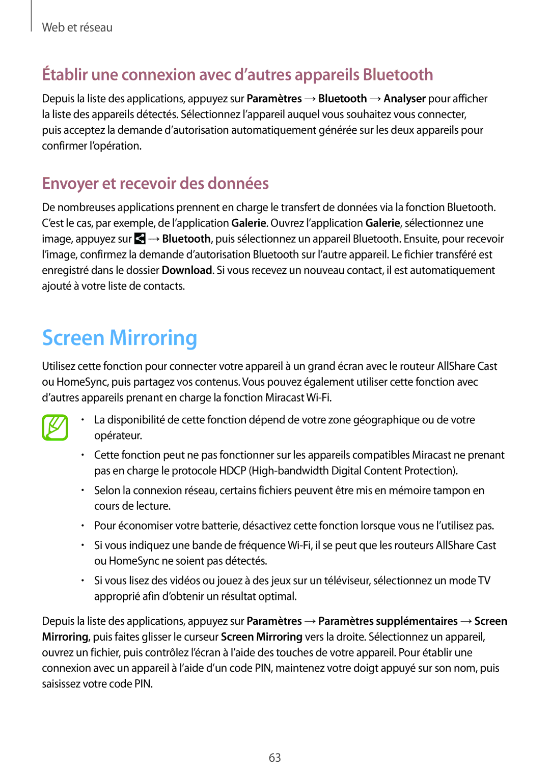 Samsung SM-T3150MKABOG, SM-T3150ZWAXEF manual Screen Mirroring, Établir une connexion avec d’autres appareils Bluetooth 