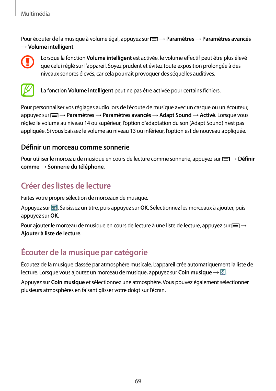 Samsung SM-T3150MKAXEF Créer des listes de lecture, Écouter de la musique par catégorie, Définir un morceau comme sonnerie 