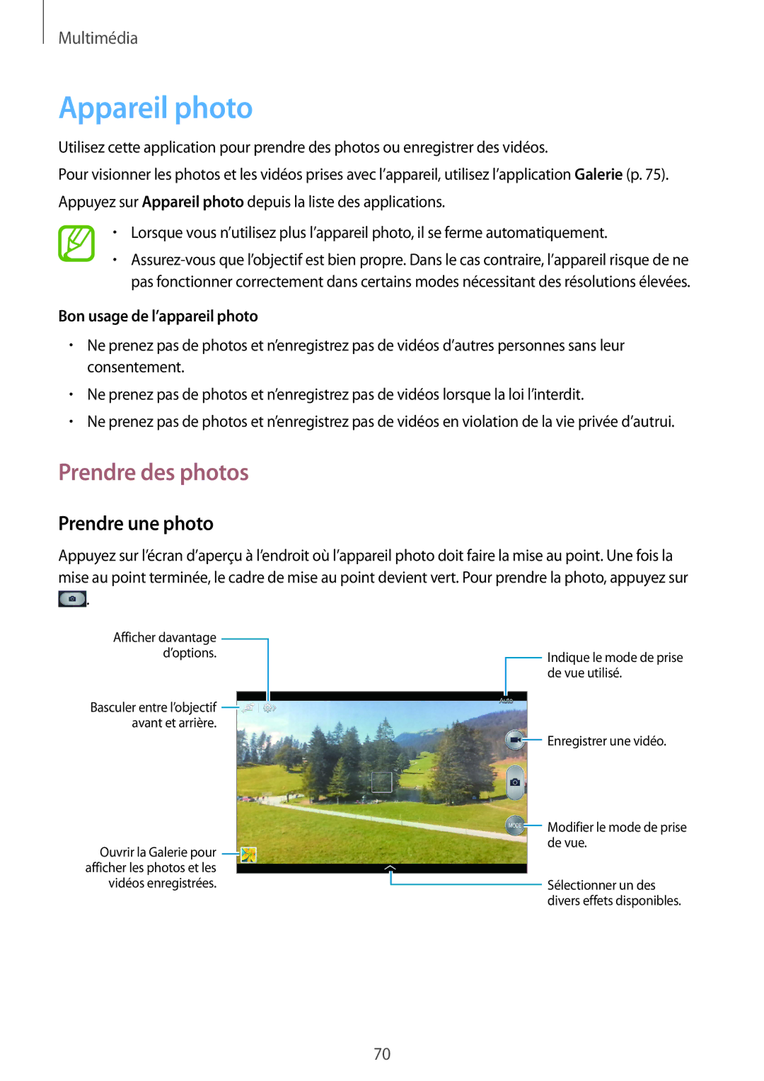 Samsung SM-T3150ZWABOG manual Appareil photo, Prendre des photos, Prendre une photo, Bon usage de l’appareil photo 