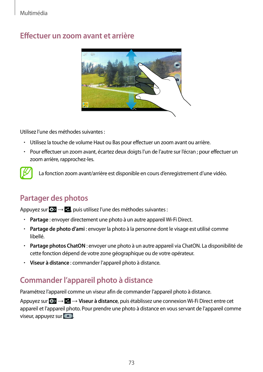 Samsung SM-T3150MKAXEF Effectuer un zoom avant et arrière, Partager des photos, Commander l’appareil photo à distance 