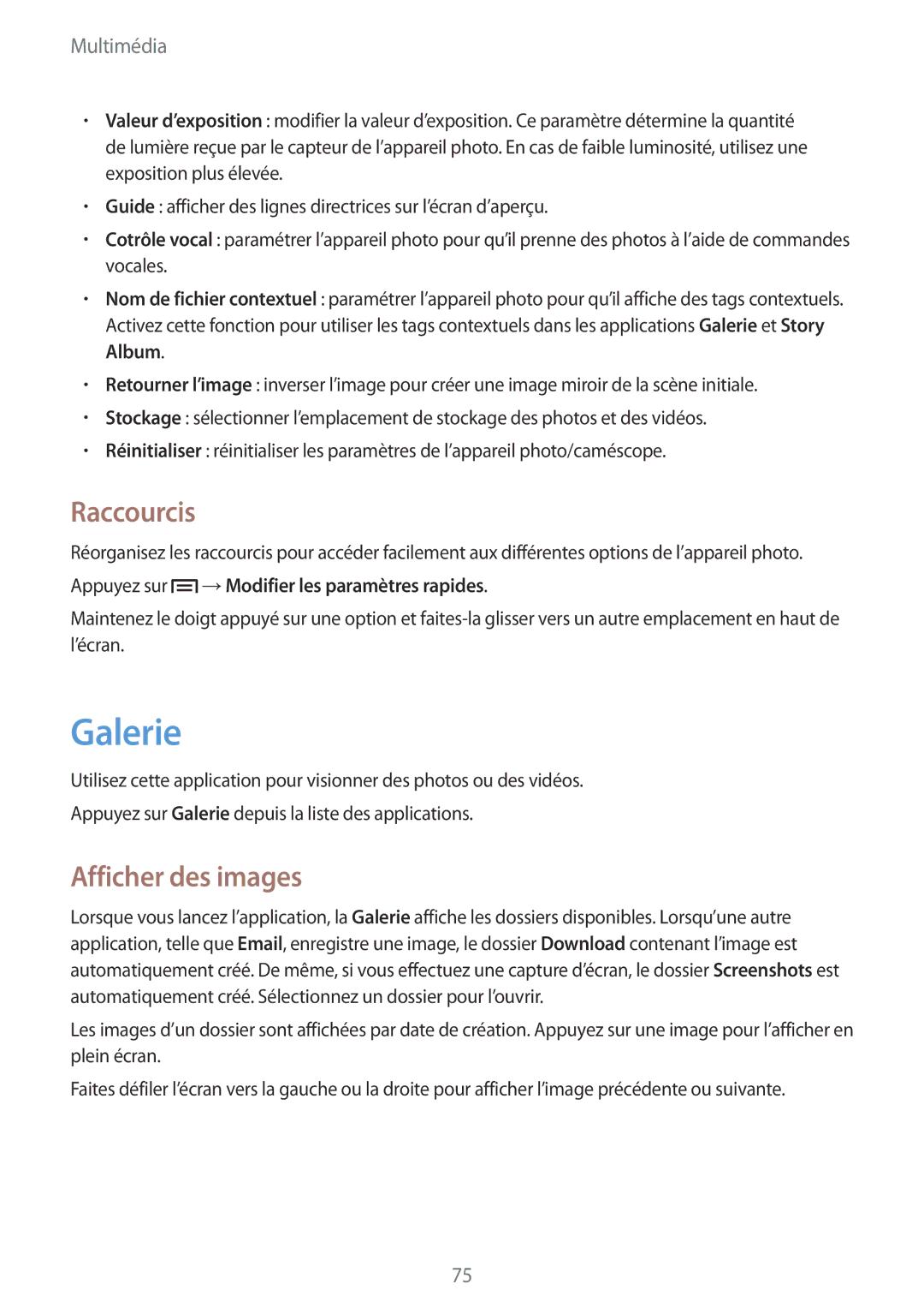 Samsung SM-T3150MKABOG manual Galerie, Raccourcis, Afficher des images, Appuyez sur →Modifier les paramètres rapides 