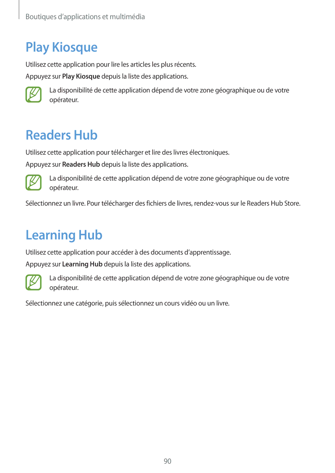 Samsung SM-T3150ZWABOG, SM-T3150ZWAXEF, SM-T3150MKAXEF, SM-T3150MKABOG manual Play Kiosque, Readers Hub, Learning Hub 