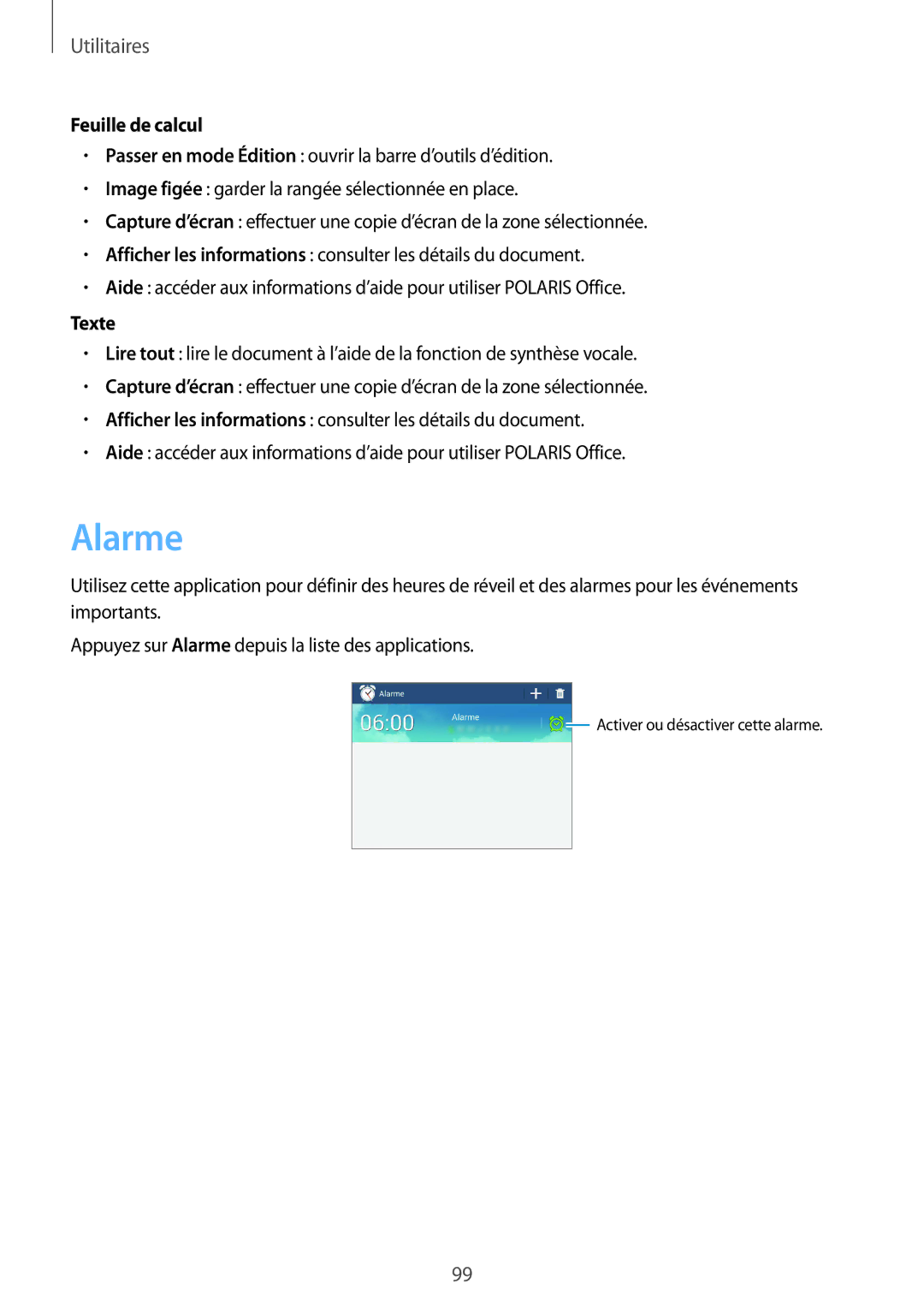 Samsung SM-T3150MKABOG, SM-T3150ZWAXEF, SM-T3150MKAXEF, SM-T3150ZWABOG manual Alarme, Feuille de calcul, Texte 