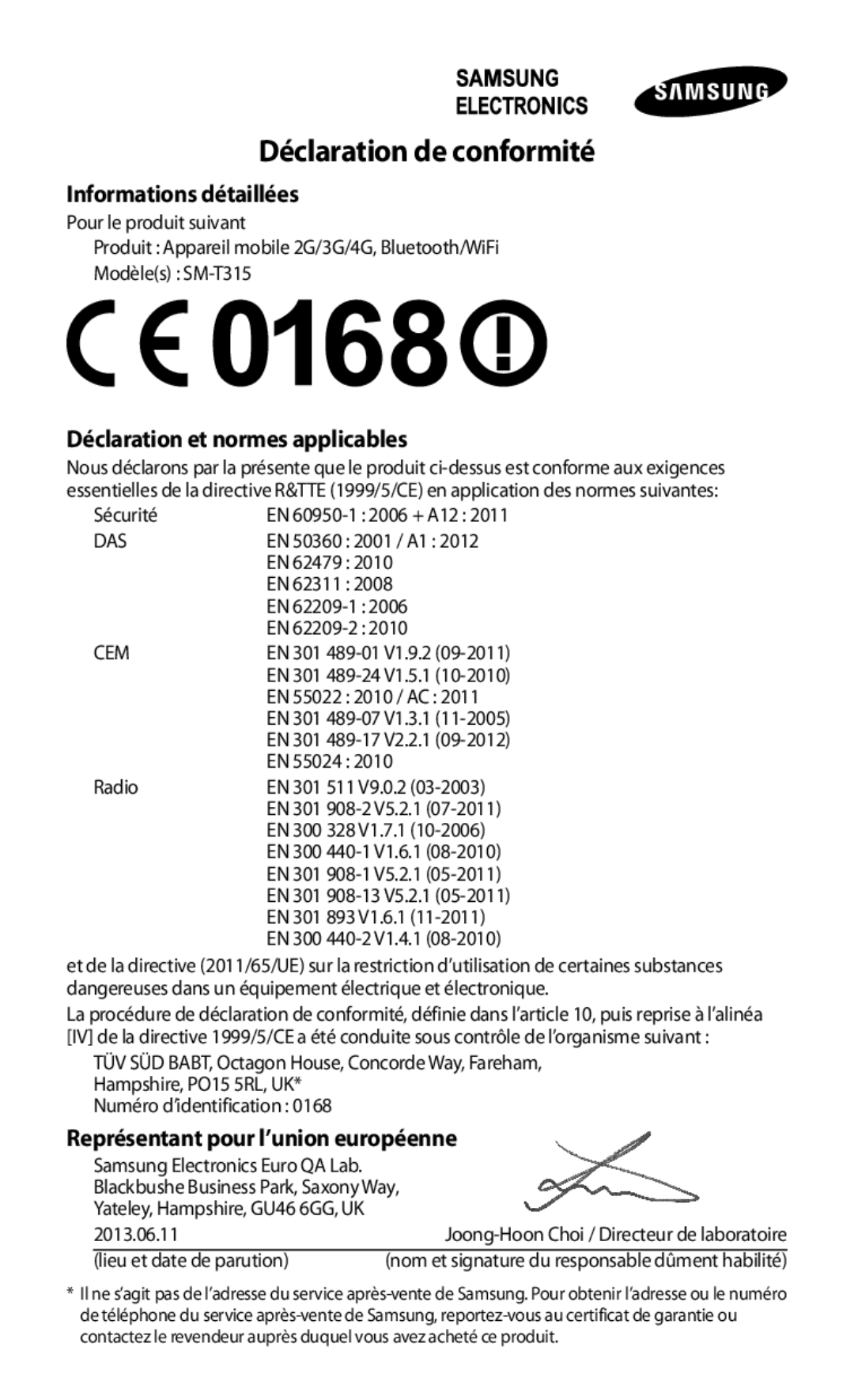 Samsung SM-T3150MKABOG, SM-T3150ZWAXEF, SM-T3150MKAXEF, SM-T3150ZWABOG manual Déclaration de conformité 