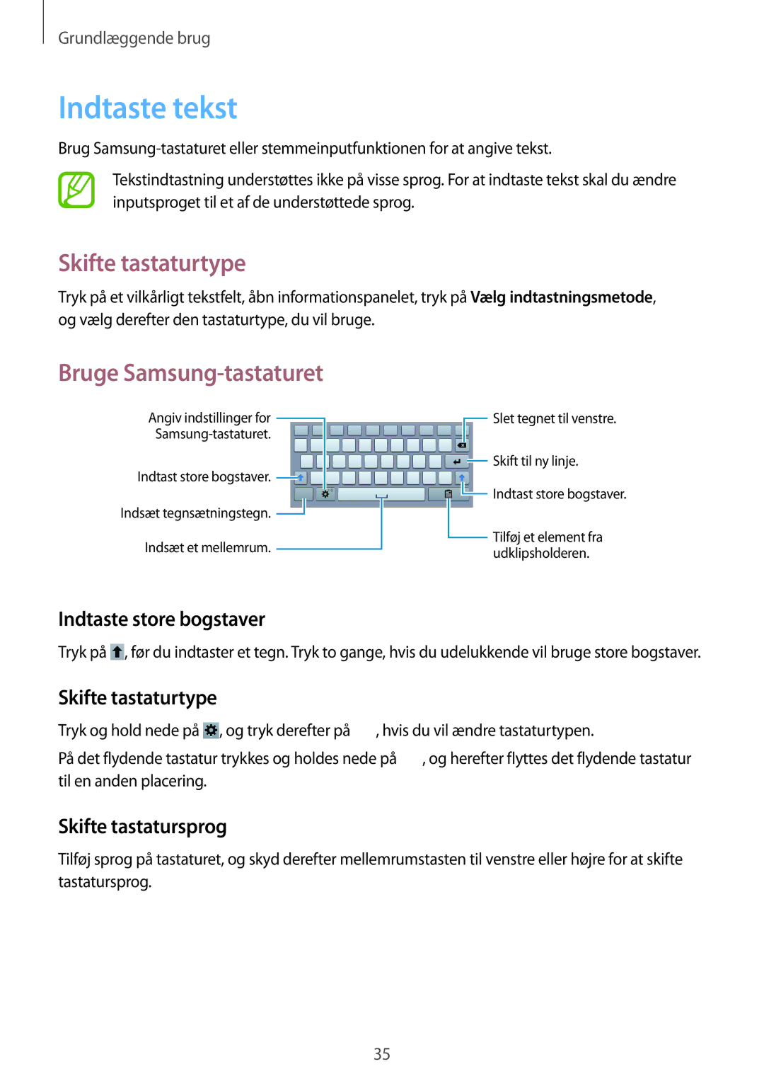 Samsung SM-T3150ZWENEE, SM-T3150GNENEE, SM-T3150GRENEE manual Indtaste tekst, Skifte tastaturtype, Bruge Samsung-tastaturet 