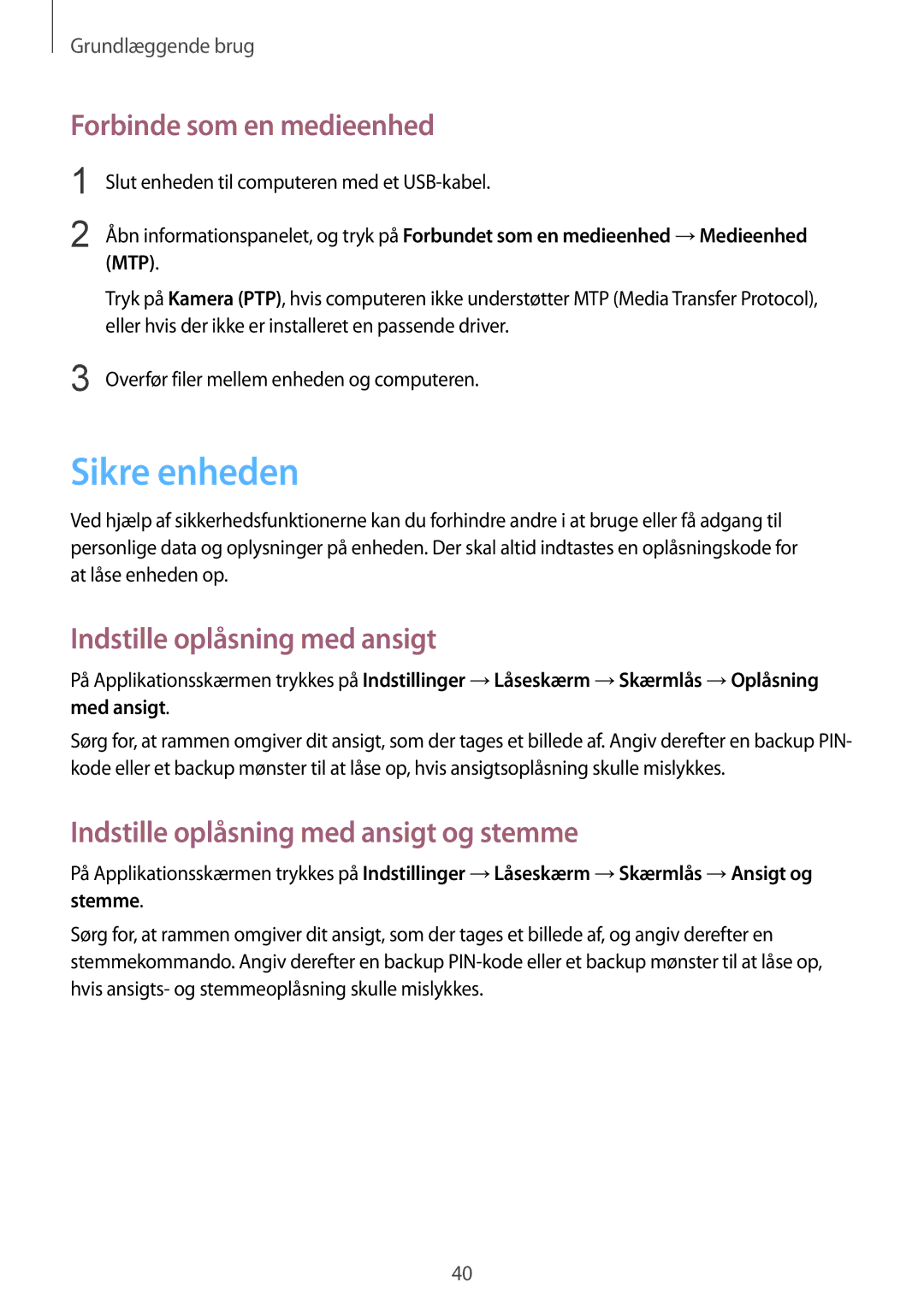 Samsung SM-T3150MKANEE, SM-T3150ZWENEE manual Sikre enheden, Forbinde som en medieenhed, Indstille oplåsning med ansigt 