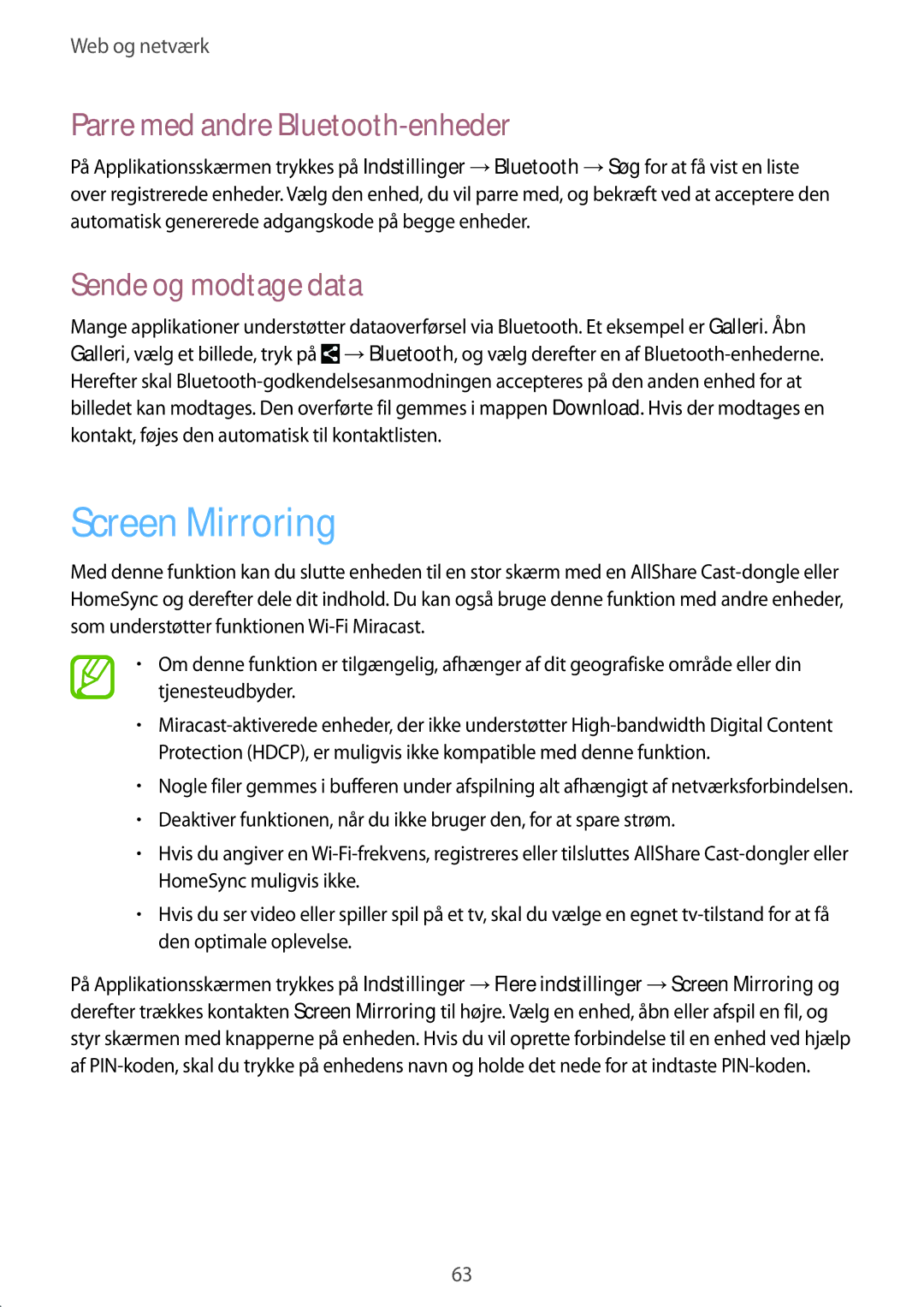 Samsung SM-T3150ZWENEE, SM-T3150GNENEE manual Screen Mirroring, Parre med andre Bluetooth-enheder, Sende og modtage data 