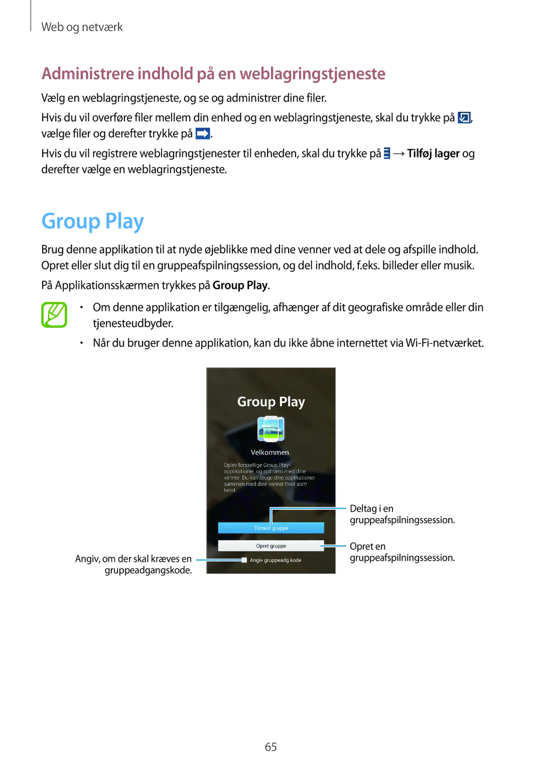 Samsung SM-T3150GRENEE, SM-T3150ZWENEE, SM-T3150GNENEE manual Group Play, Administrere indhold på en weblagringstjeneste 