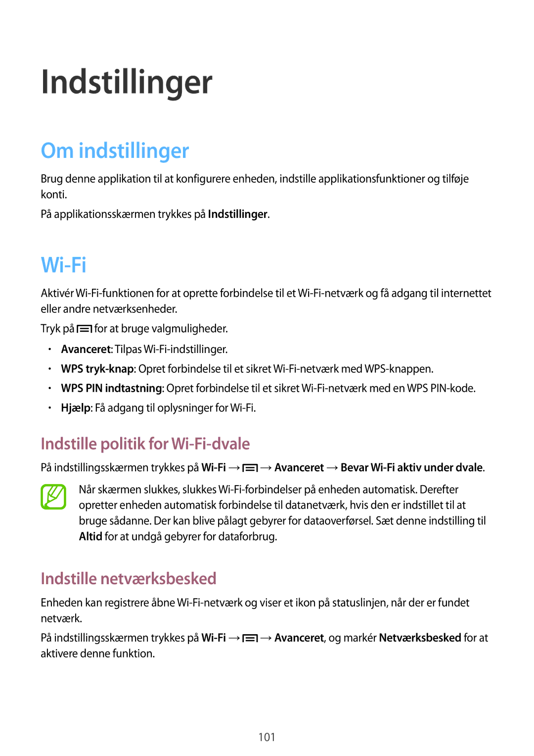 Samsung SM-T3150GNANEE Indstillinger, Om indstillinger, Indstille politik for Wi-Fi-dvale, Indstille netværksbesked 