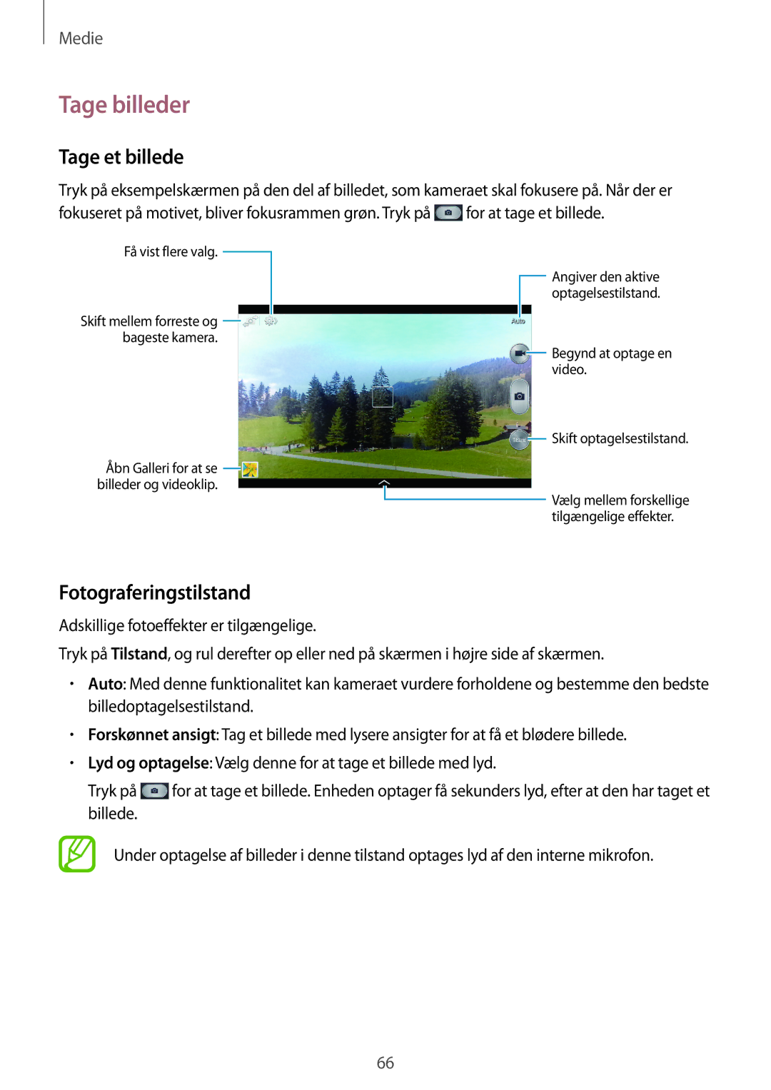 Samsung SM-T3150GNANEE, SM-T3150ZWENEE, SM-T3150GNENEE manual Tage billeder, Tage et billede, Fotograferingstilstand 