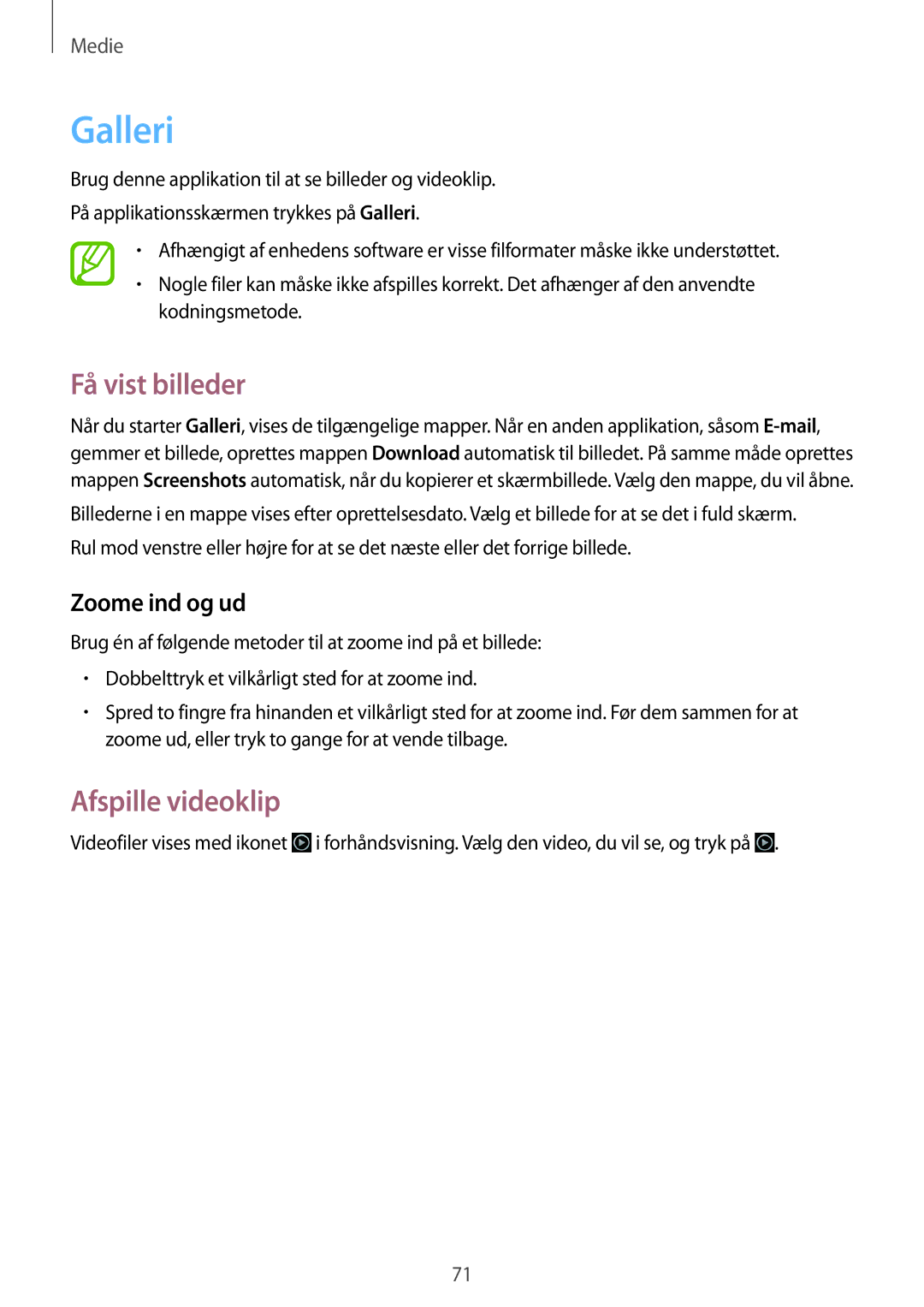 Samsung SM-T3150GNENEE, SM-T3150ZWENEE, SM-T3150GRENEE manual Galleri, Få vist billeder, Afspille videoklip, Zoome ind og ud 