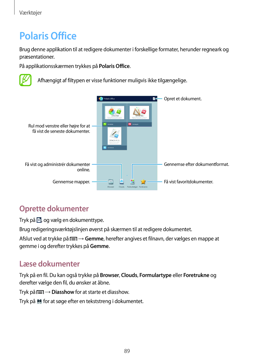 Samsung SM-T3150MKANEE, SM-T3150ZWENEE, SM-T3150GNENEE, SM-T3150GRENEE Polaris Office, Oprette dokumenter, Læse dokumenter 