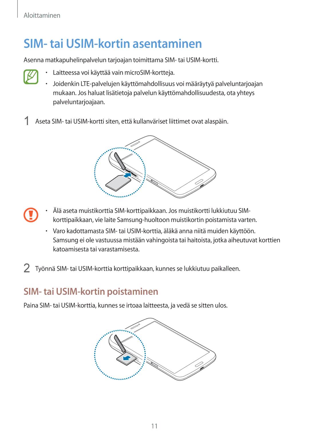 Samsung SM-T3150ZWANEE, SM-T3150ZWENEE, SM-T3150GNENEE SIM- tai USIM-kortin asentaminen, SIM- tai USIM-kortin poistaminen 