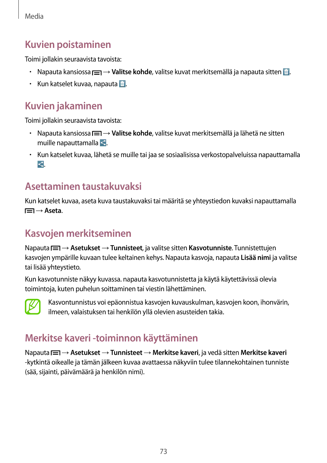 Samsung SM-T3150GNANEE manual Kuvien poistaminen, Kuvien jakaminen, Asettaminen taustakuvaksi, Kasvojen merkitseminen 