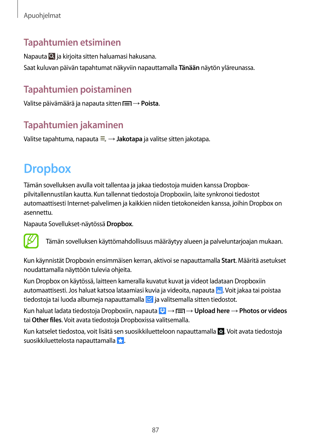 Samsung SM-T3150GNANEE, SM-T3150ZWENEE manual Dropbox, Tapahtumien etsiminen, Tapahtumien poistaminen, Tapahtumien jakaminen 