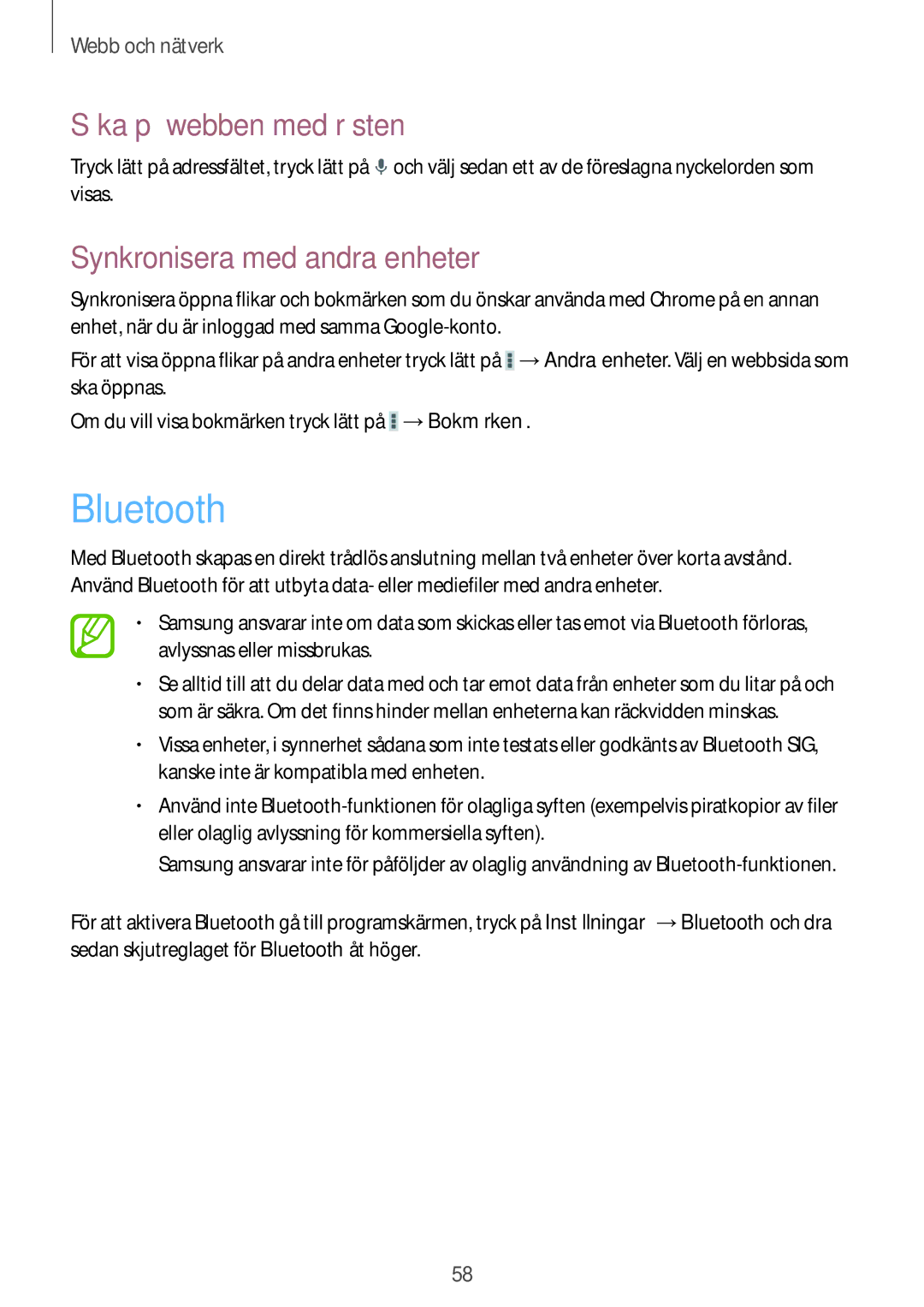 Samsung SM-T3150GRENEE, SM-T3150ZWENEE, SM-T3150GNENEE, SM-T3150GNANEE manual Bluetooth, Synkronisera med andra enheter 