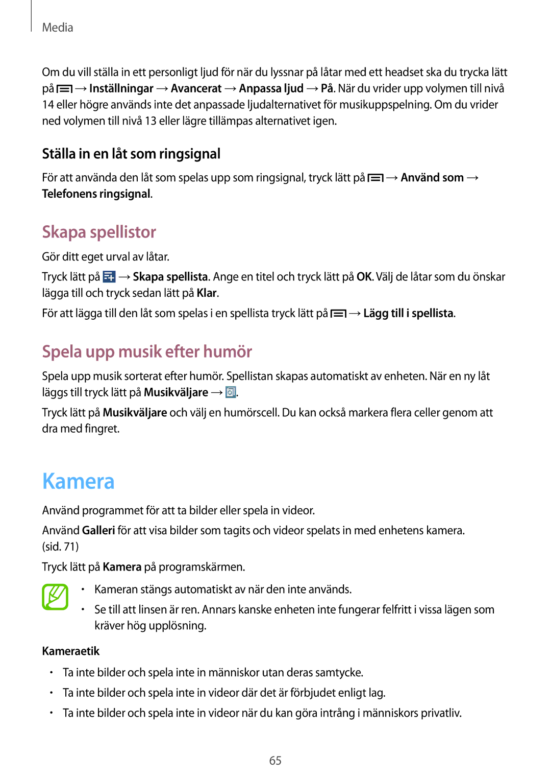 Samsung SM-T3150GRENEE Skapa spellistor, Spela upp musik efter humör, Ställa in en låt som ringsignal, Kameraetik 