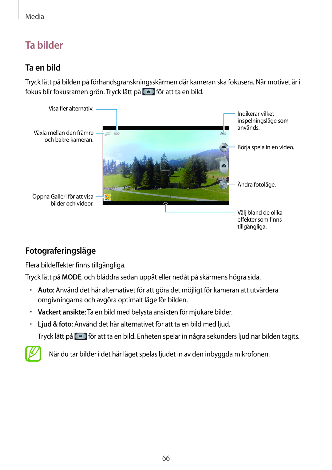 Samsung SM-T3150GNANEE, SM-T3150ZWENEE, SM-T3150GNENEE, SM-T3150GRENEE manual Ta bilder, Ta en bild, Fotograferingsläge 