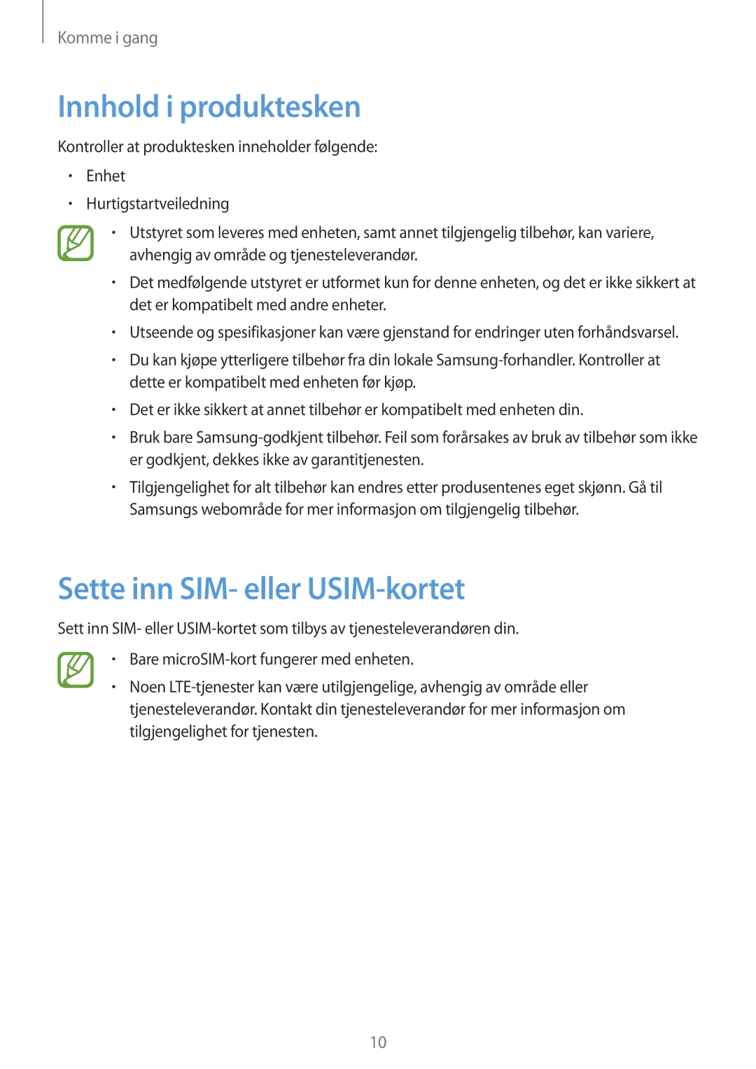 Samsung SM-T3150GNANEE, SM-T3150ZWENEE, SM-T3150GNENEE manual Innhold i produktesken, Sette inn SIM- eller USIM-kortet 