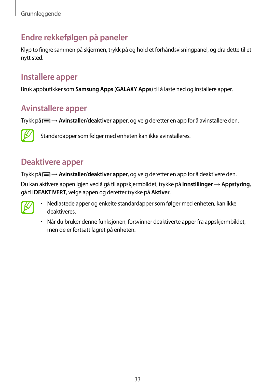Samsung SM-T3150MKANEE, SM-T3150ZWENEE, SM-T3150GNENEE manual Installere apper, Avinstallere apper, Deaktivere apper 