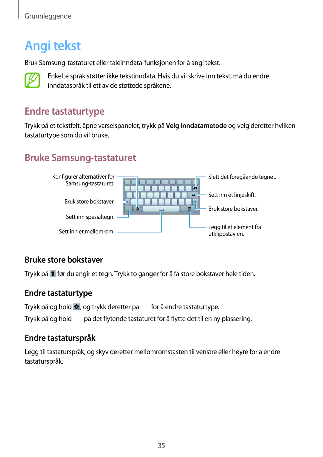 Samsung SM-T3150ZWENEE, SM-T3150GNENEE, SM-T3150GRENEE manual Angi tekst, Endre tastaturtype, Bruke Samsung-tastaturet 