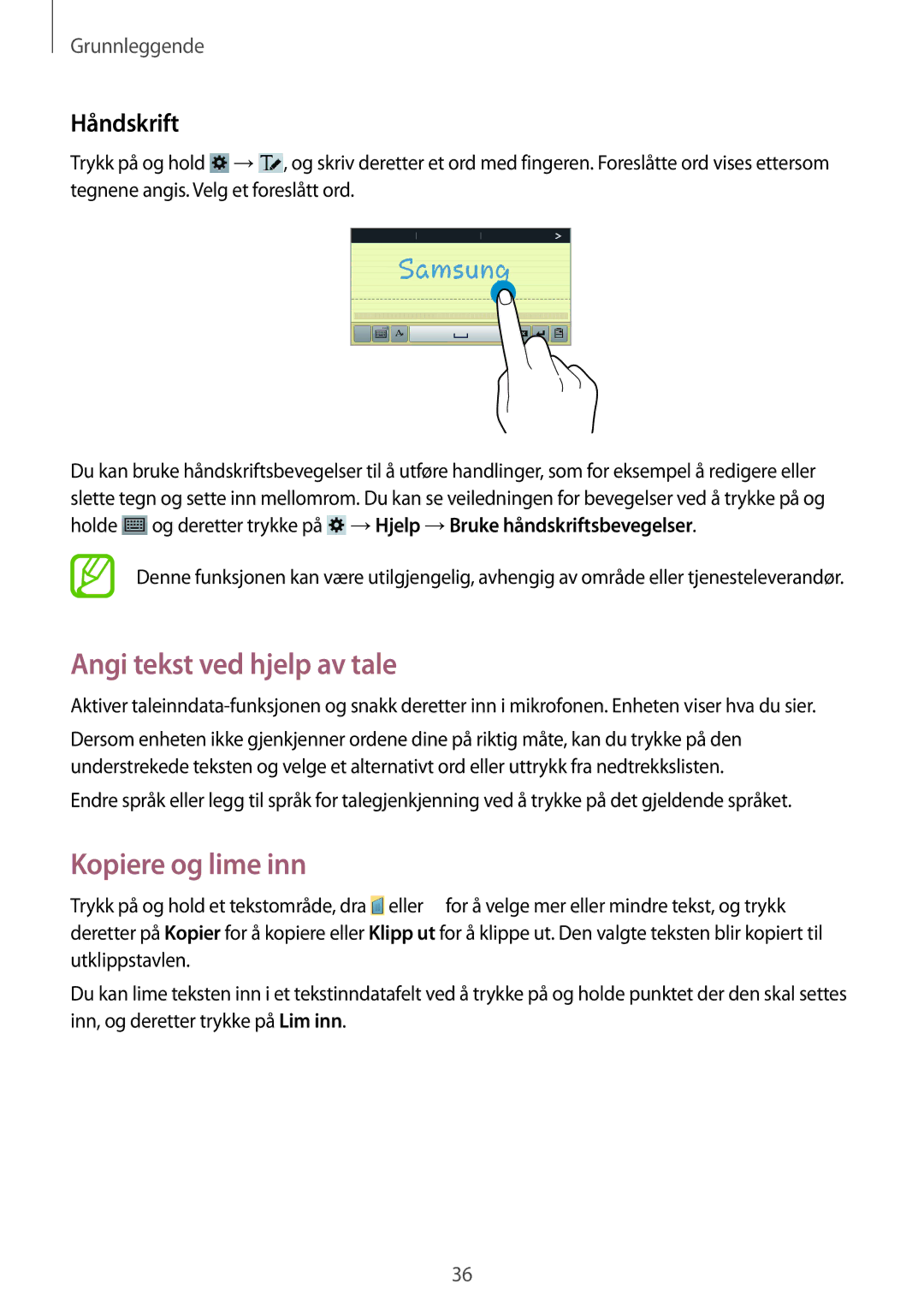 Samsung SM-T3150GNENEE, SM-T3150ZWENEE, SM-T3150GRENEE manual Angi tekst ved hjelp av tale, Kopiere og lime inn, Håndskrift 