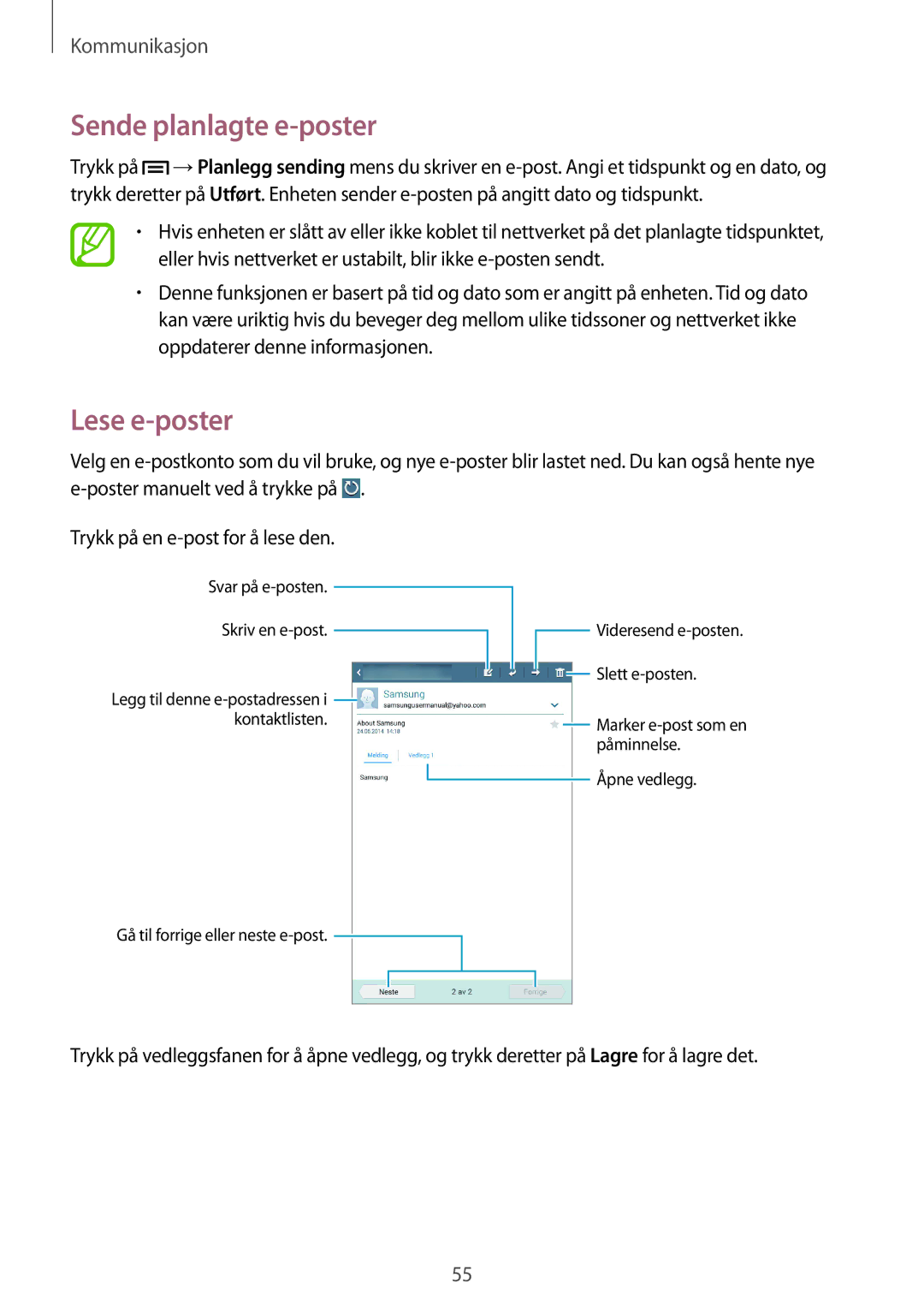 Samsung SM-T3150MKENEE, SM-T3150ZWENEE, SM-T3150GNENEE, SM-T3150GRENEE manual Sende planlagte e-poster, Lese e-poster 