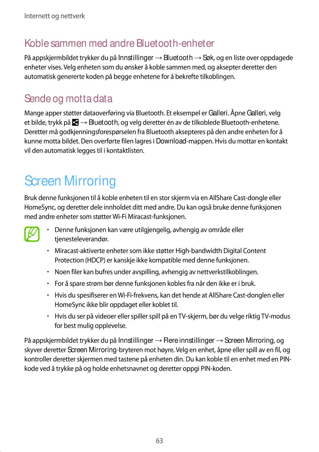 Samsung SM-T3150ZWENEE, SM-T3150GNENEE Screen Mirroring, Koble sammen med andre Bluetooth-enheter, Sende og motta data 