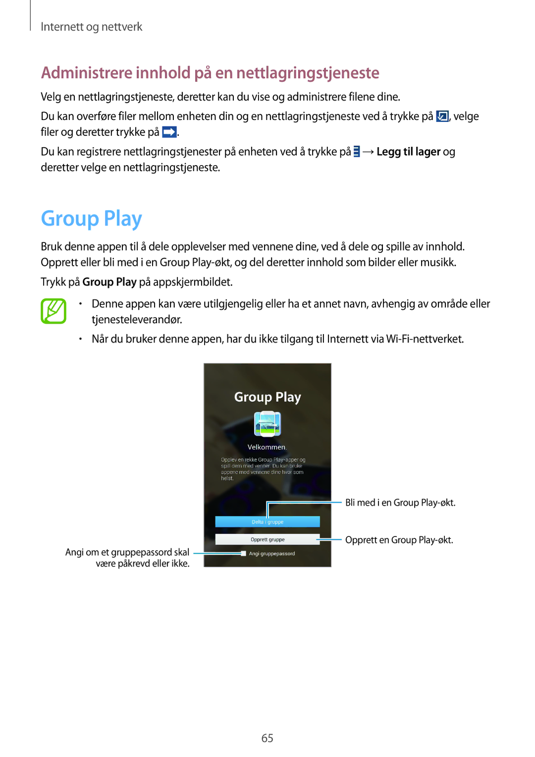 Samsung SM-T3150GRENEE, SM-T3150ZWENEE, SM-T3150GNENEE manual Group Play, Administrere innhold på en nettlagringstjeneste 