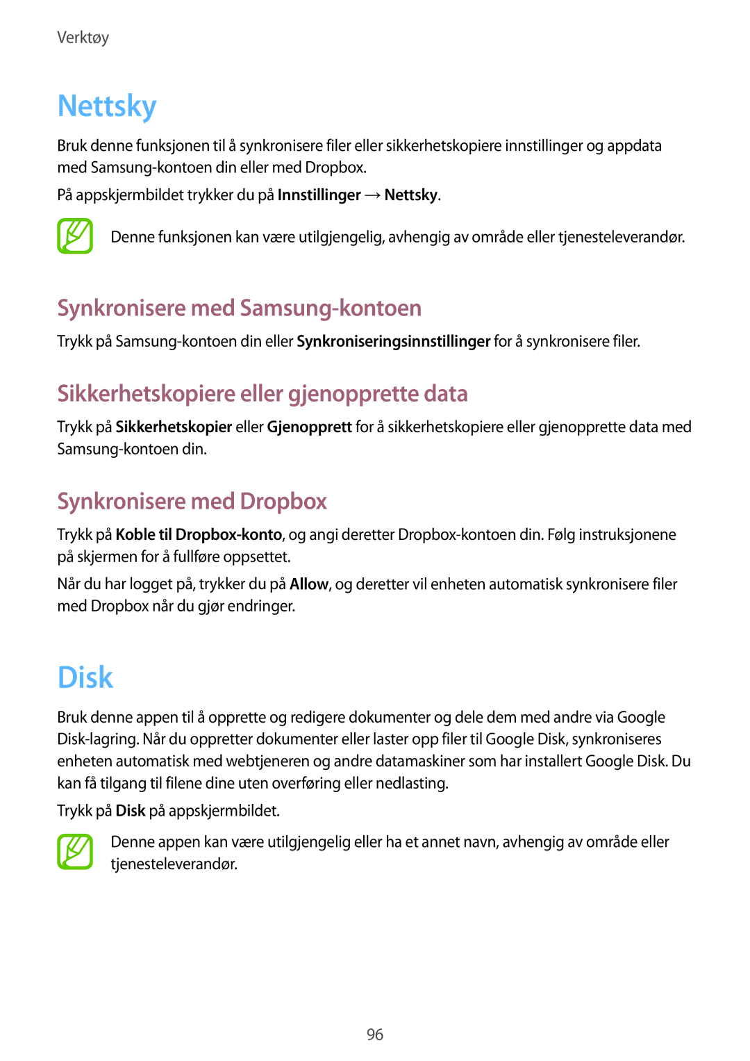 Samsung SM-T3150MKANEE manual Nettsky, Disk, Synkronisere med Samsung-kontoen, Sikkerhetskopiere eller gjenopprette data 