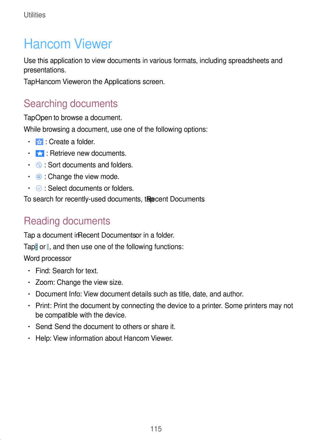 Samsung SM-T320NZKAPHE, SM-T320NZKAATO manual Hancom Viewer, Searching documents, Reading documents, Word processor 