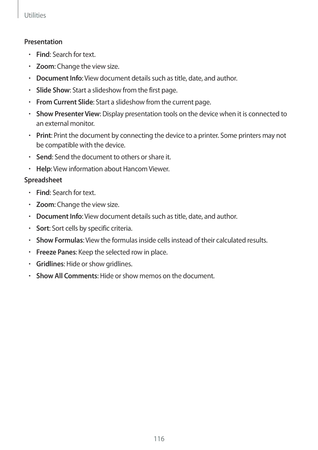 Samsung SM-T320NZWAXSK, SM-T320NZKAATO, SM-T320NZKATUR, SM-T320NZWATUR, SM-T320NZKATPH manual Presentation, Spreadsheet 