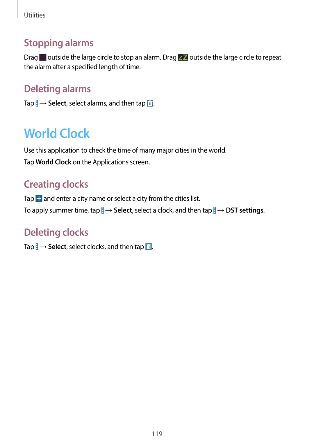 Samsung SM-T320NZWABGL, SM-T320NZKAATO World Clock, Stopping alarms, Deleting alarms, Creating clocks, Deleting clocks 