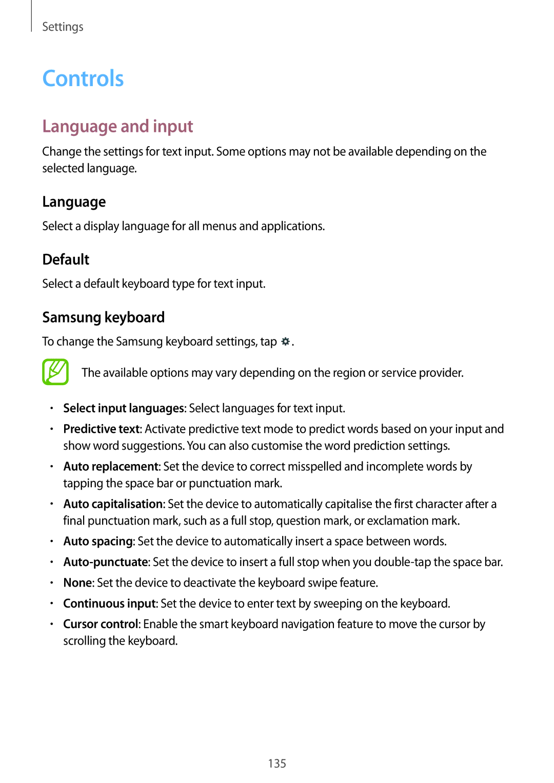 Samsung SM-T320NZKATPH, SM-T320NZKAATO, SM-T320NZKATUR manual Controls, Language and input, Default, Samsung keyboard 