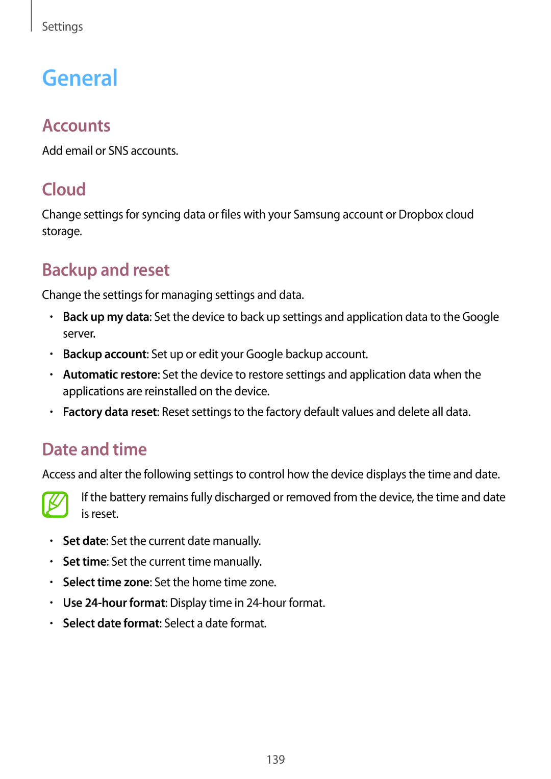 Samsung SM-T320NZWAEUR, SM-T320NZKAATO, SM-T320NZKATUR manual General, Accounts, Cloud, Backup and reset, Date and time 