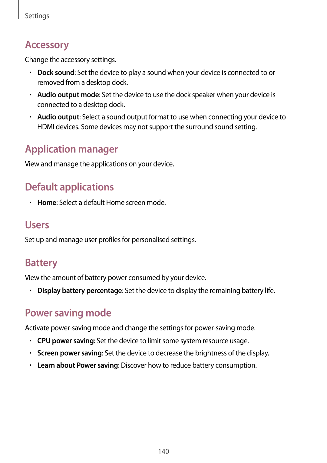 Samsung SM-T320NZWADBT manual Accessory, Application manager, Default applications, Users, Battery, Power saving mode 