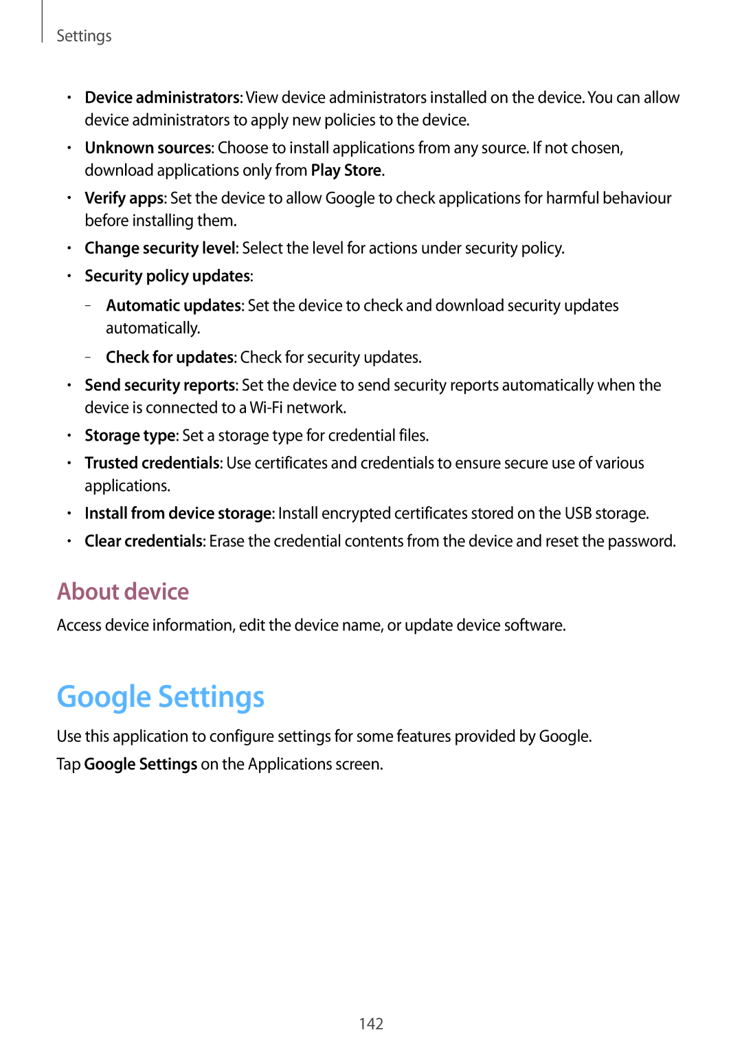 Samsung SM-T320NZKAEUR, SM-T320NZKAATO, SM-T320NZKATUR manual Google Settings, About device, Security policy updates 