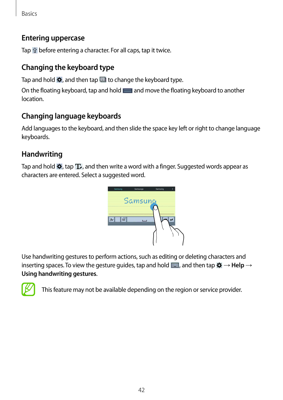 Samsung SM-T320NZKADBT manual Entering uppercase, Changing the keyboard type, Changing language keyboards, Handwriting 