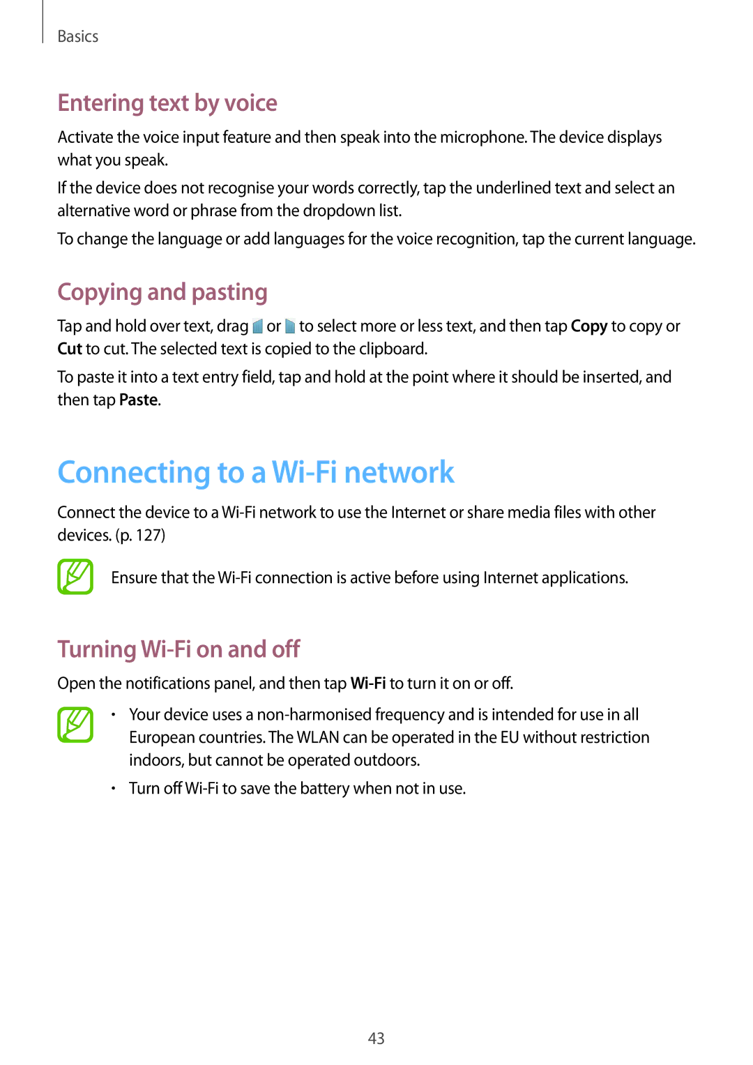 Samsung SM-T320NZKAEUR, SM-T320NZKAATO manual Connecting to a Wi-Fi network, Entering text by voice, Copying and pasting 