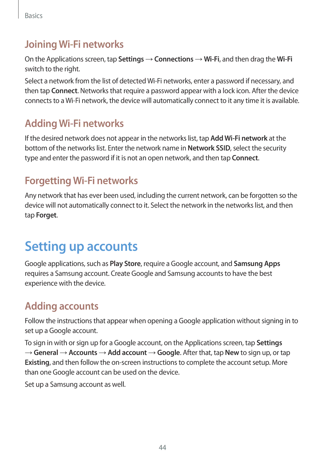 Samsung SM-T320NZKAXEF manual Setting up accounts, Joining Wi-Fi networks, Adding Wi-Fi networks, Forgetting Wi-Fi networks 