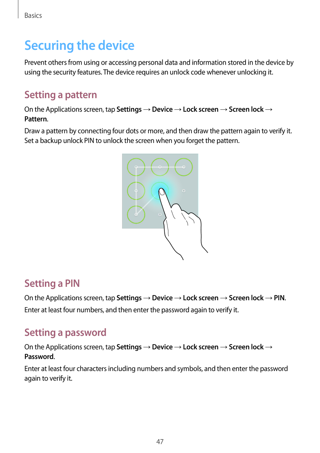 Samsung SM-T320NZWAPHE, SM-T320NZKAATO manual Securing the device, Setting a pattern, Setting a PIN, Setting a password 