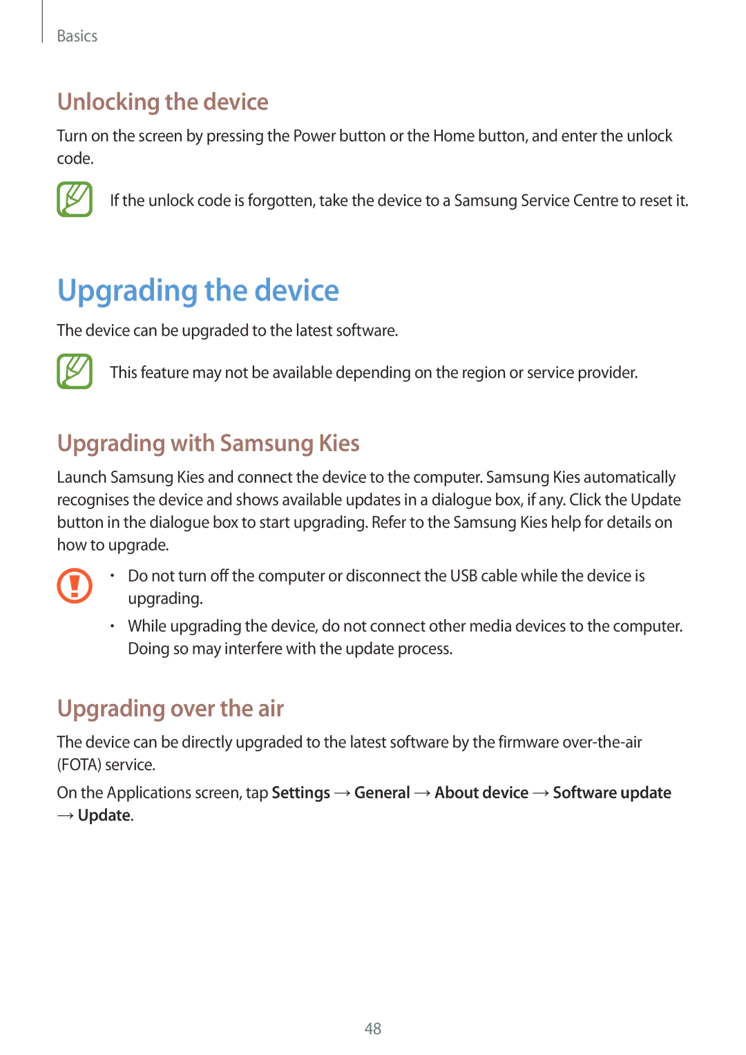 Samsung SM-T320XZWAPHE Upgrading the device, Unlocking the device, Upgrading with Samsung Kies, Upgrading over the air 