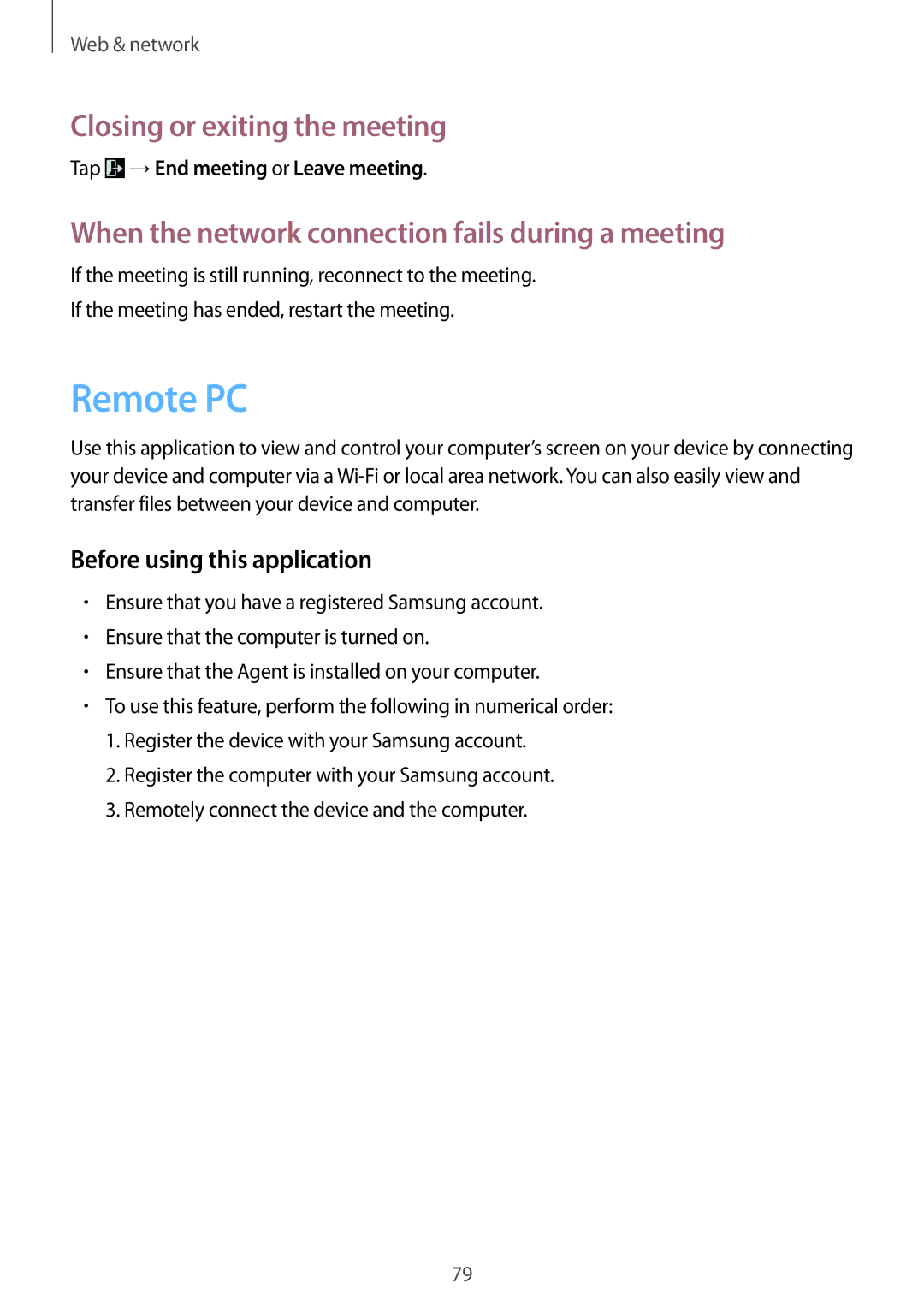 Samsung SM-T320NZWAXEF, SM-T320NZKAATO, SM-T320NZKATUR, SM-T320NZWATUR manual Remote PC, Tap →End meeting or Leave meeting 