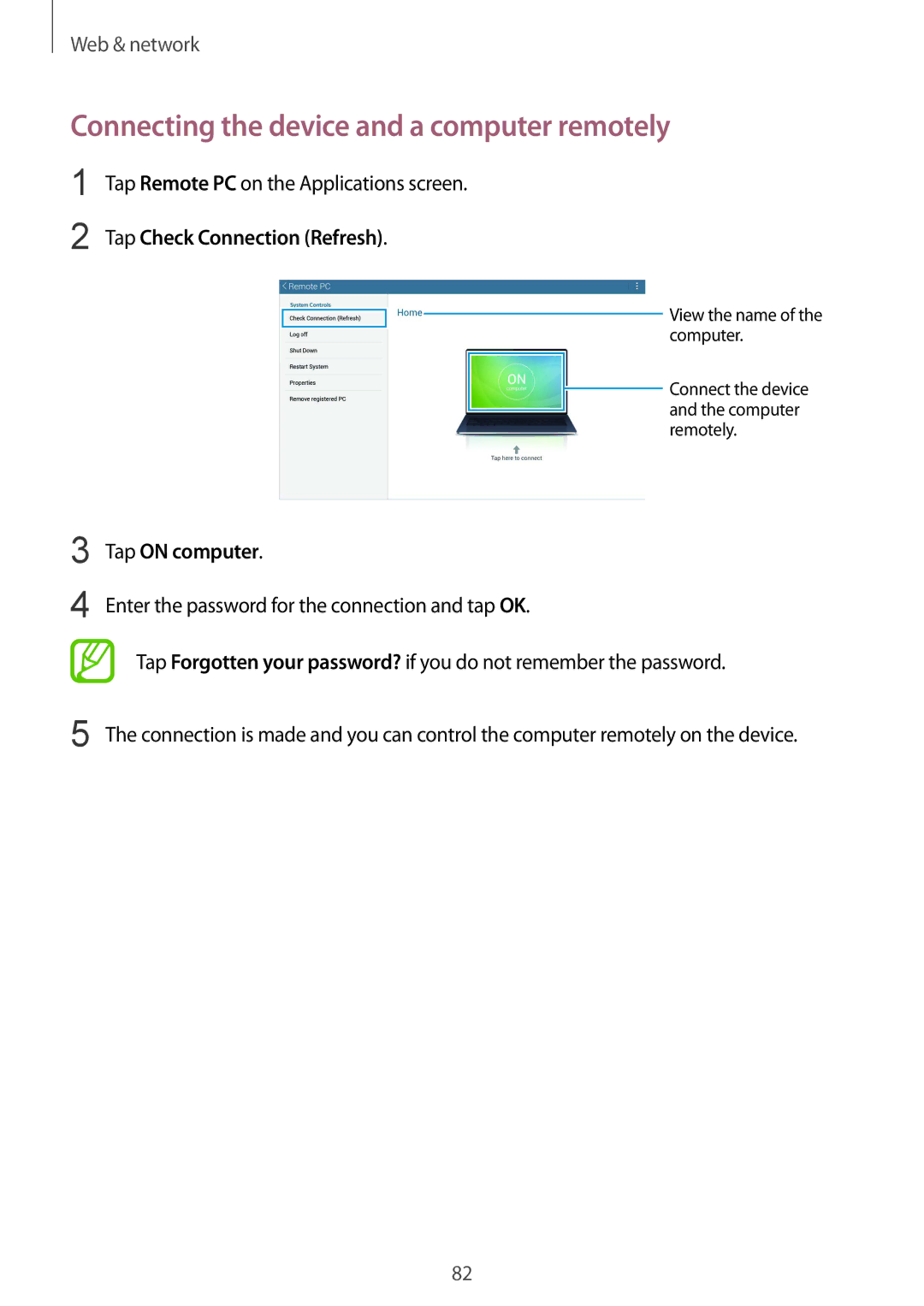 Samsung SM-T320NZKAPHE manual Connecting the device and a computer remotely, Tap Check Connection Refresh, Tap on computer 