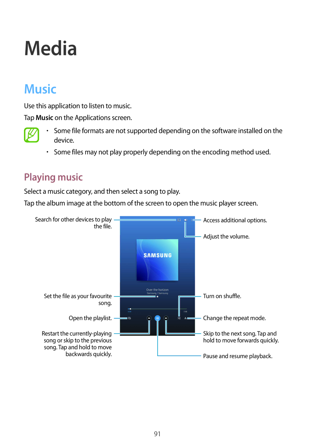 Samsung SM-T320NZKENEE, SM-T320NZKAATO, SM-T320NZKATUR, SM-T320NZWATUR, SM-T320NZKATPH manual Media, Music, Playing music 