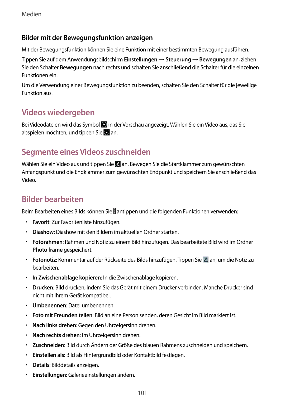 Samsung SM-T320NZWAATO, SM-T320NZKAATO manual Videos wiedergeben, Segmente eines Videos zuschneiden, Bilder bearbeiten 