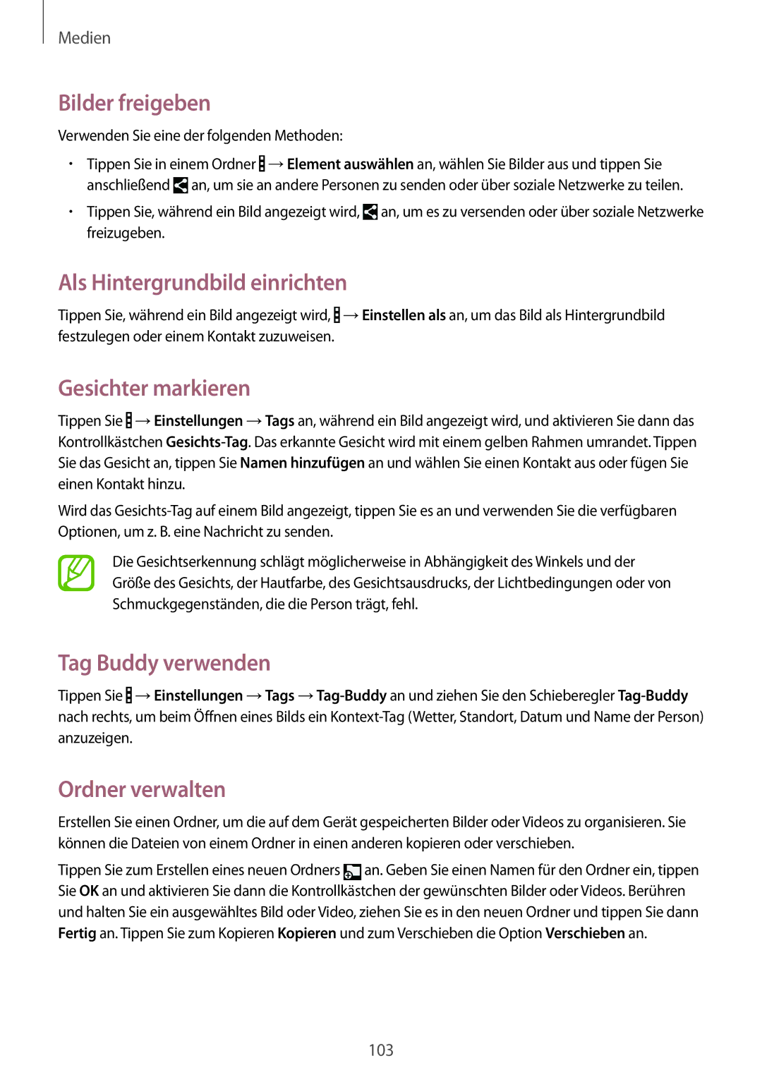 Samsung SM-T320NZWAEUR manual Bilder freigeben, Als Hintergrundbild einrichten, Gesichter markieren, Tag Buddy verwenden 