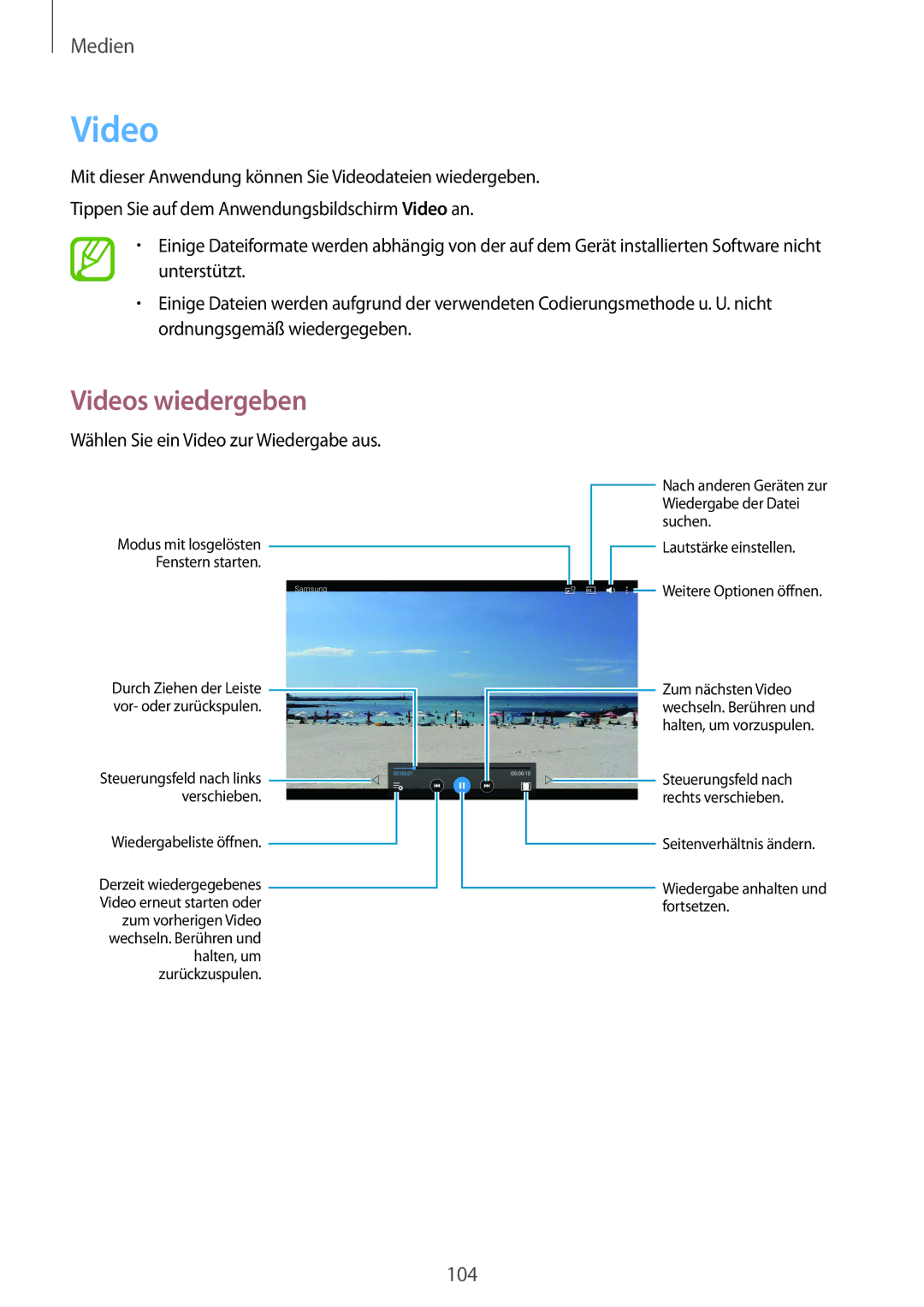 Samsung SM-T320NZWADBT, SM-T320NZKAATO, SM-T320NZKATUR, SM-T320NZWATUR manual Wählen Sie ein Video zur Wiedergabe aus 