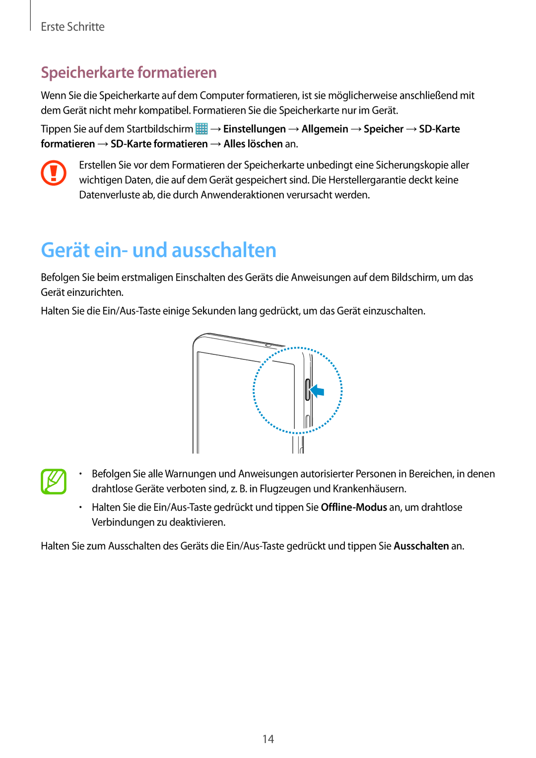 Samsung SM-T320NZWATUR, SM-T320NZKAATO, SM-T320NZKATUR, SM-T320NZKATPH Gerät ein- und ausschalten, Speicherkarte formatieren 